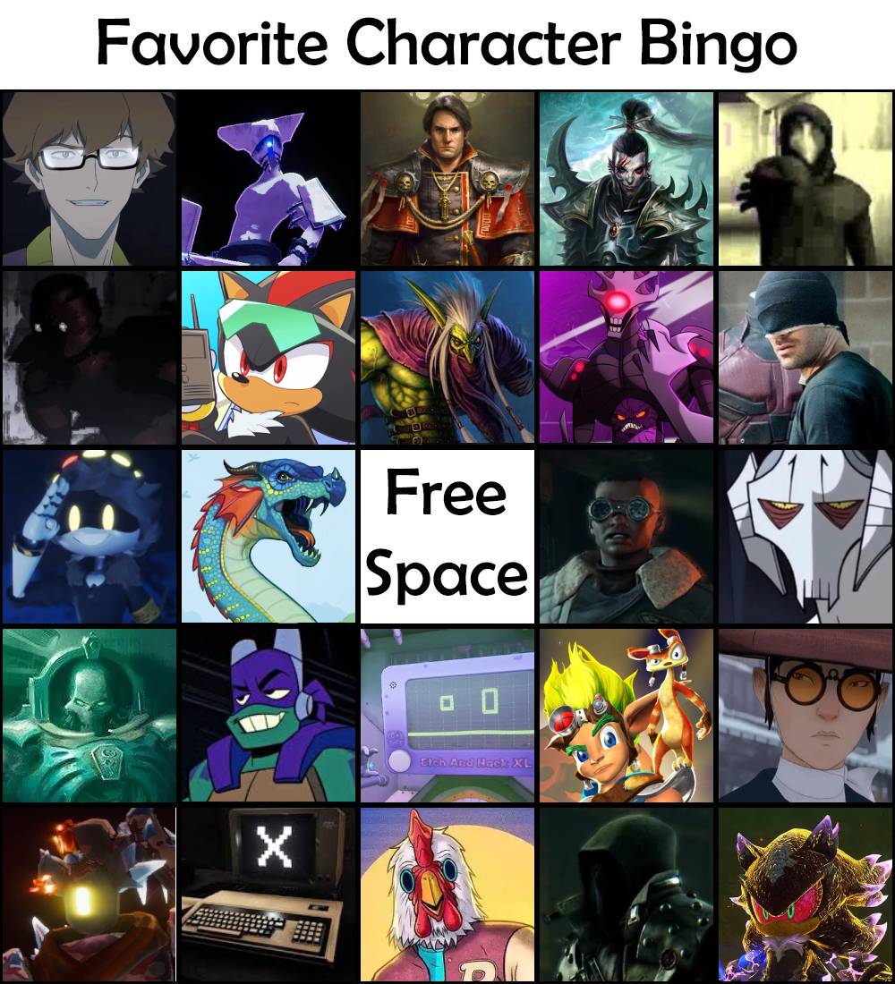 A 'Favorite Character Bingo' consisting of (from left to right): Lex Luthor from My Adventures with Superman, Mithrix from Risk of Rain 2, Heinrix from Warhammer: Rogue Trader, Marazhai from Warhammer: Rogue Trader, SCP-049 from SCP series, Bracken from Lethal Company, Shadow the Hedgehog from Sonic series, Zul'jin from World of Warcraft, Krang One from Rise of the Teenage Mutant Ninja Turtles, Daredevil from Daredevil (2015), N from Murder Drones, Glory from Wings of Fire series, Free Space, Masozi from Warhammer: Darktide, General Grievous from Star Wars series, Trazyn from Warhammer series, Donatello from Rise of the Teenage Mutant Ninja Turtles, The Manager from Gori: Cuddly Carnage, Jak and Daxter from Jak and Daxter series, Mizu from Blue Eye Samurai, False Son from Risk of Rain 2, SCP-079 from SCP series, Jacket from Hotline Miami, Swagger from Warhammer: Darktide, Mephiles from Sonic series.